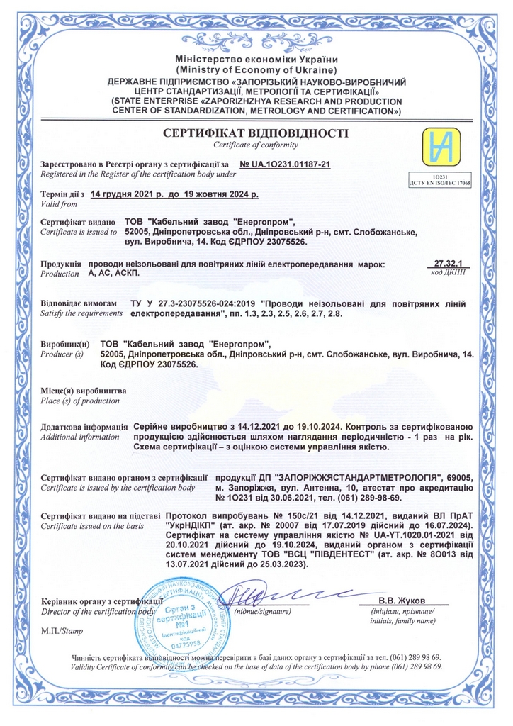 Сертифікат на проводи A, АС, АСКП, М