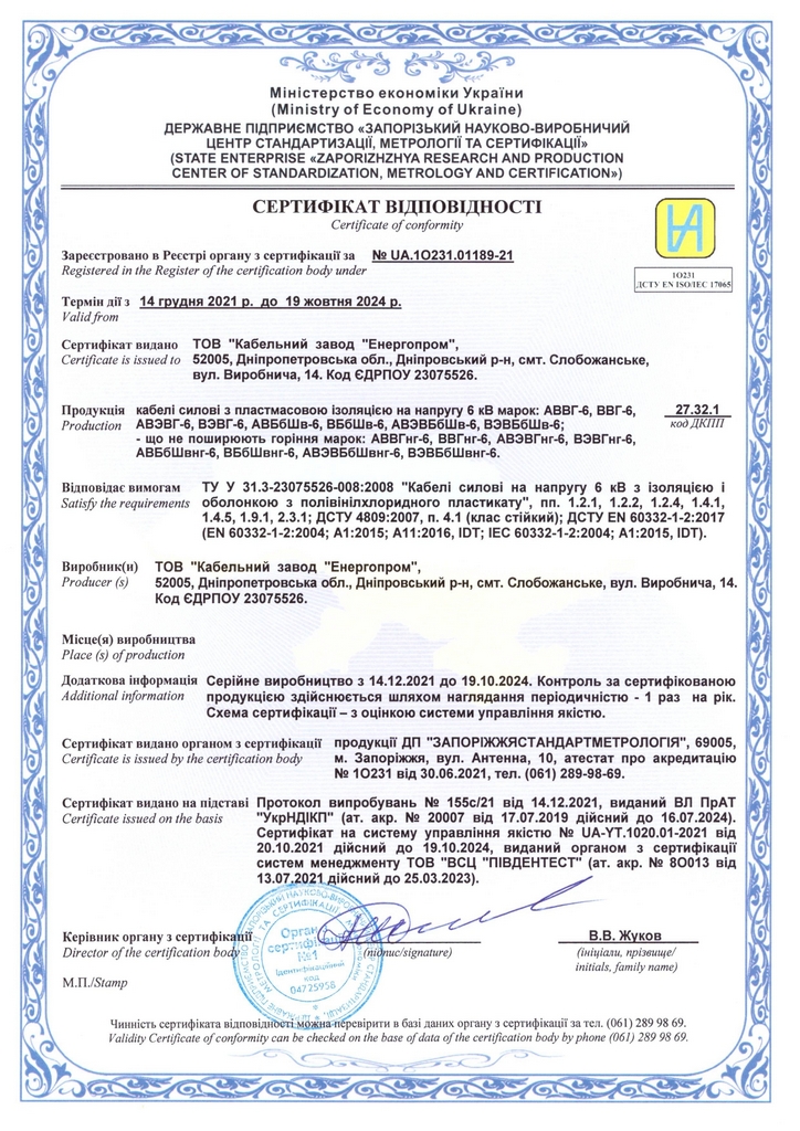 Сертифікат на кабелі силові 6кв ВВГ-6, АВВГ-6, АВБбШв-6, ВБбШв-6