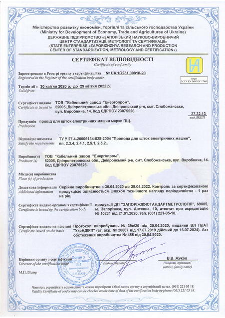 Сертифікат на провід ПЩ для щіток електричних машин