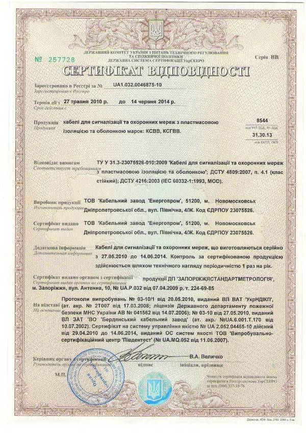 Сертификат соответствия на кабели КСВВ, КСГВВ