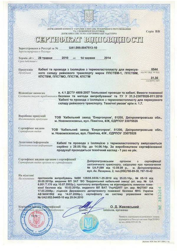 Сертификат на кабели и провода  марок ППСТВМ-1, ППСТВМ, КПСТВМ
